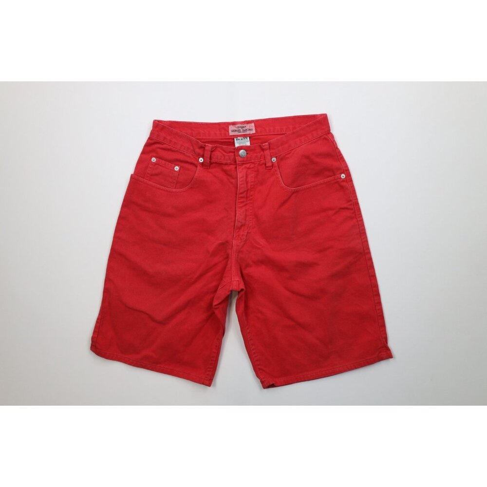 Vintage 90s Guess Mens 31 Distressed Spell Out Denim Jean Shorts Red Cotton USA